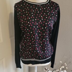 Liz Claiborne Black Sweater with Pink and White Heart Design